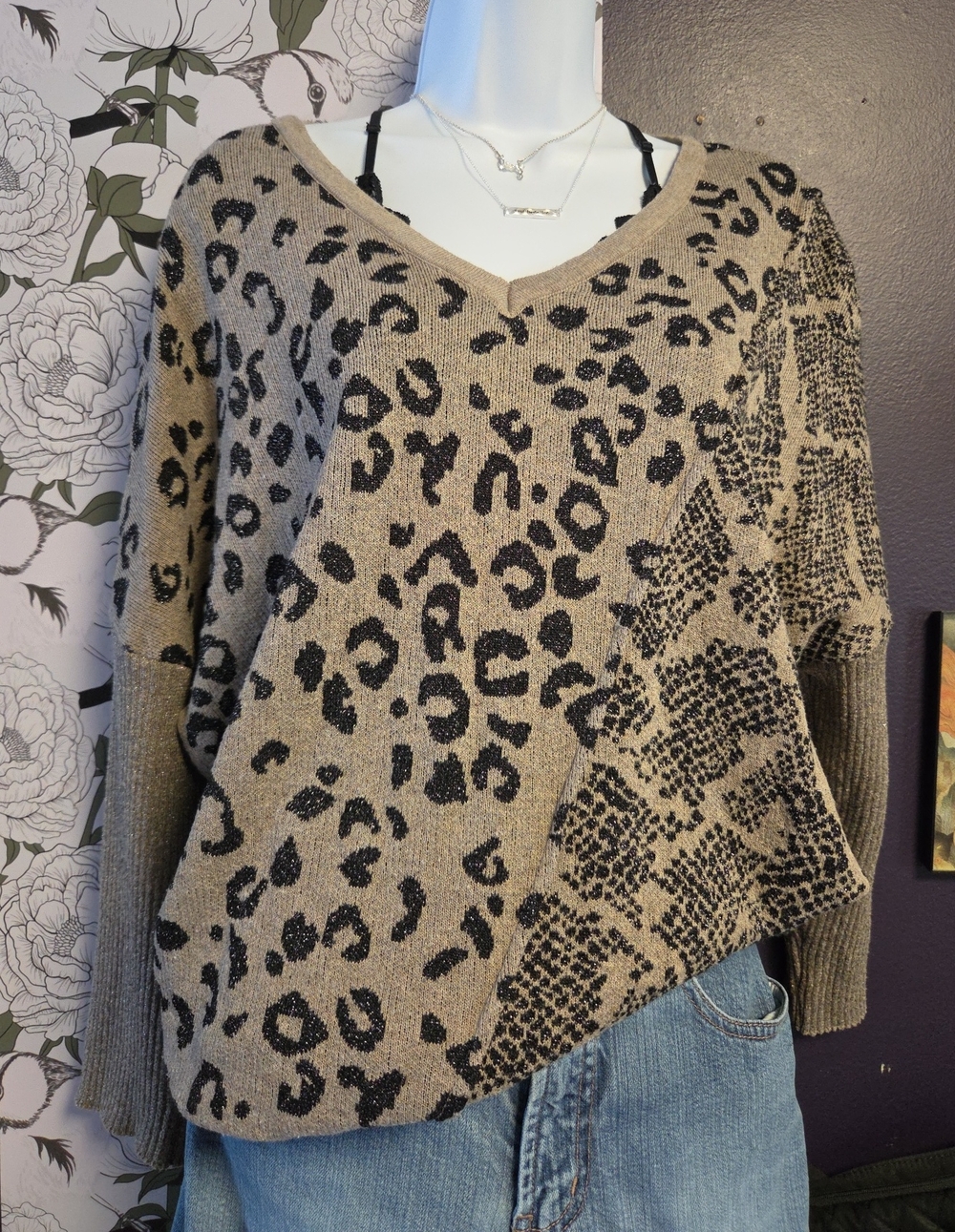 Democracy Beige and Black Mixed Animal Print V-Neck Sweater